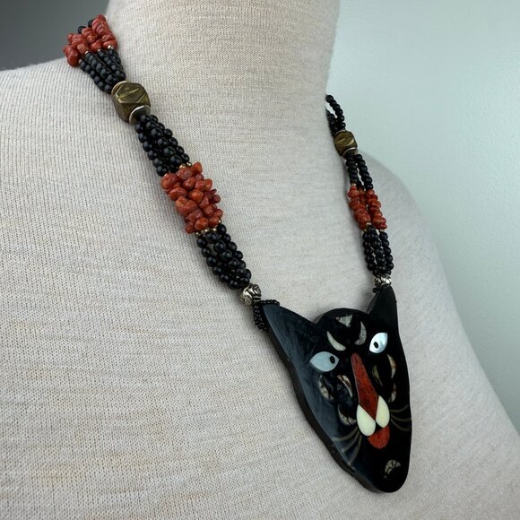 Vintage MOP Inlay Panther Cat Beaded Necklace Pendant 23.5" - Picture 5 of 7